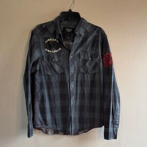 Harley-Davidson Charcoal Plaid Shirt with Red Sleeve Patch